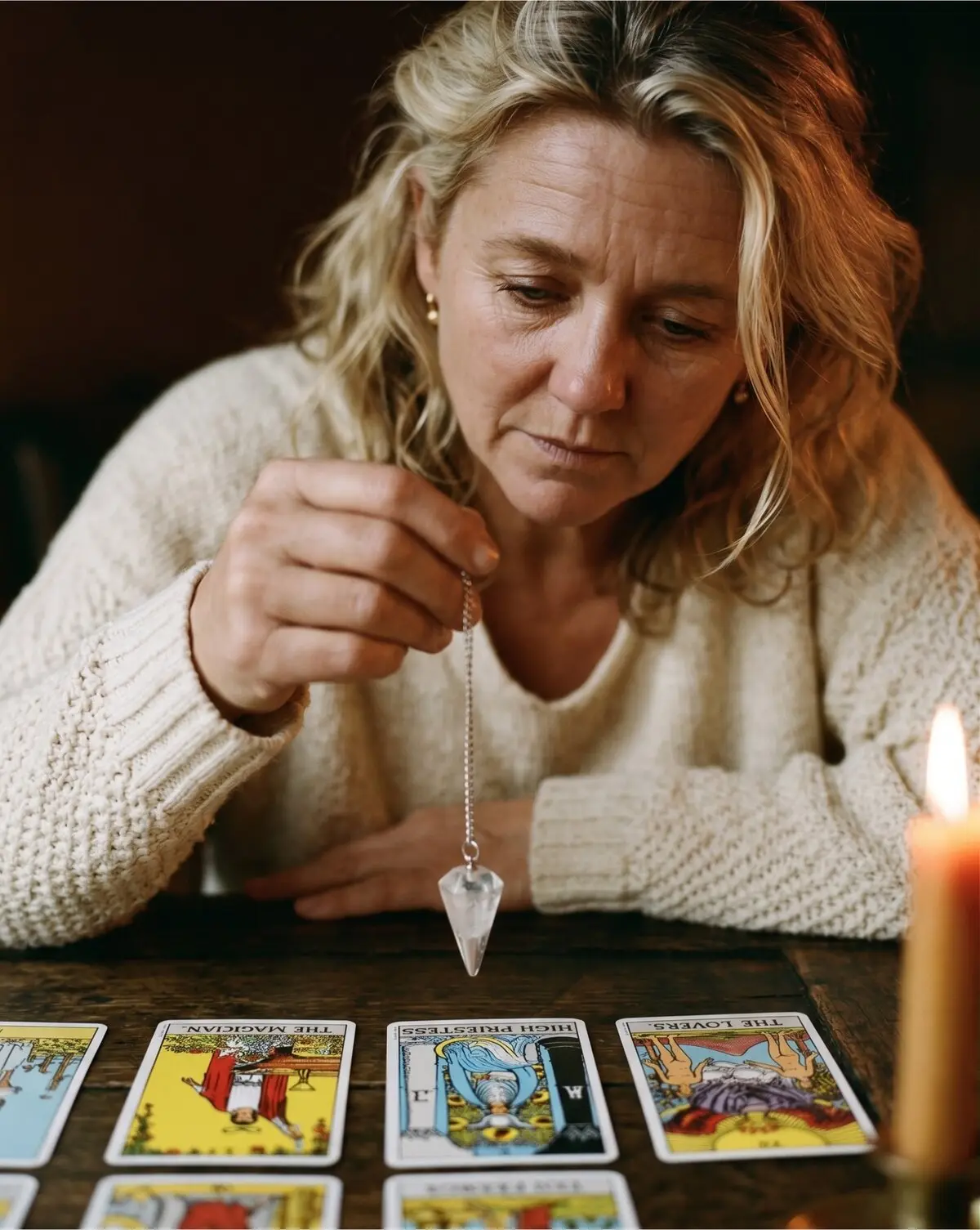Vesper, the Brooklyn tarot reader, holding a crystal pendulum over a row of Rider-Waite tarot cards — The Magician, The High Priestess, The Lovers — by candlelight