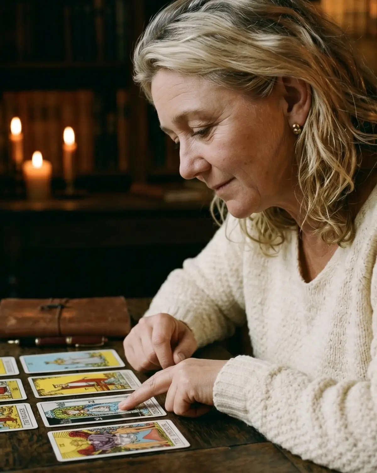 Vesper, the Brooklyn tarot reader, pointing at a card mid-spread by candlelight — a leather journal and pen beside her, Rider-Waite cards laid out on the oak table