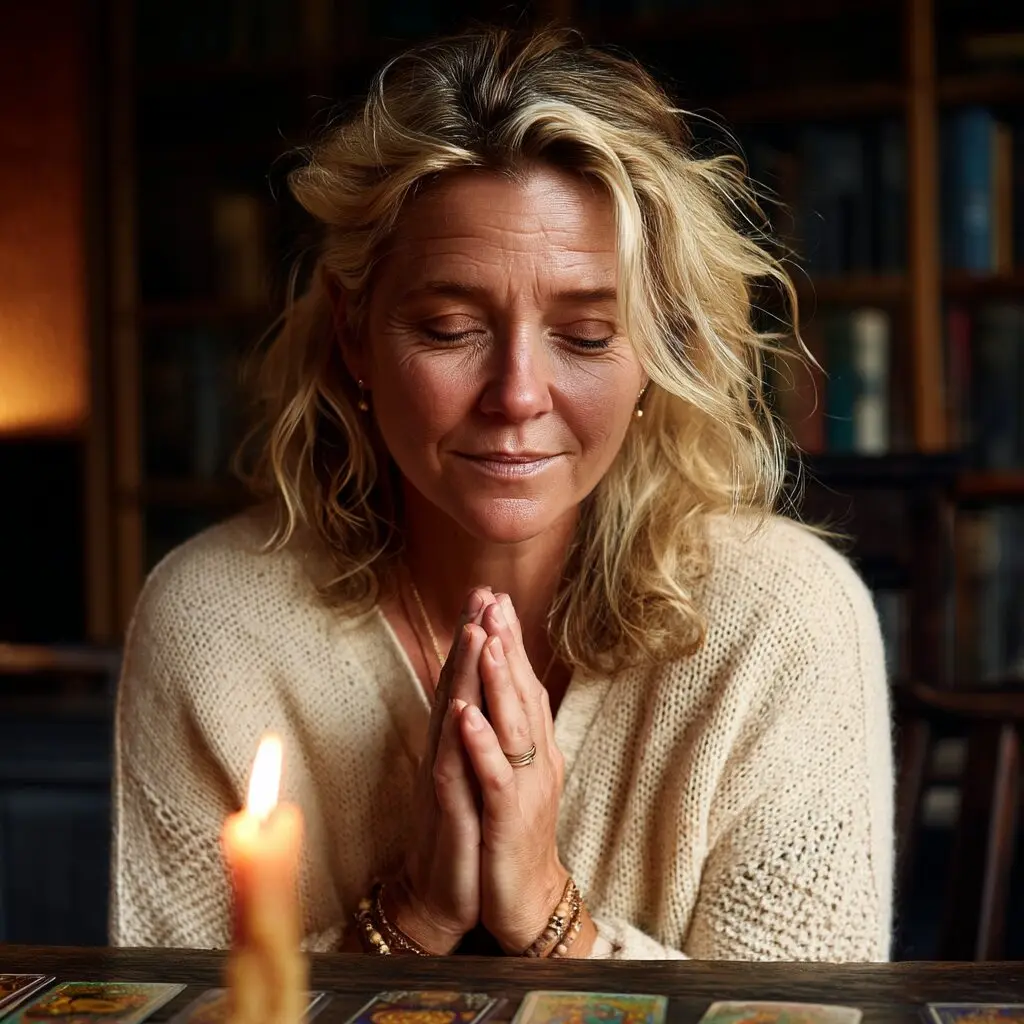 Vesper, the Brooklyn tarot reader, hands joined in quiet centering by candlelight — a tarot spread laid out on her oak table in front of her bookshelves