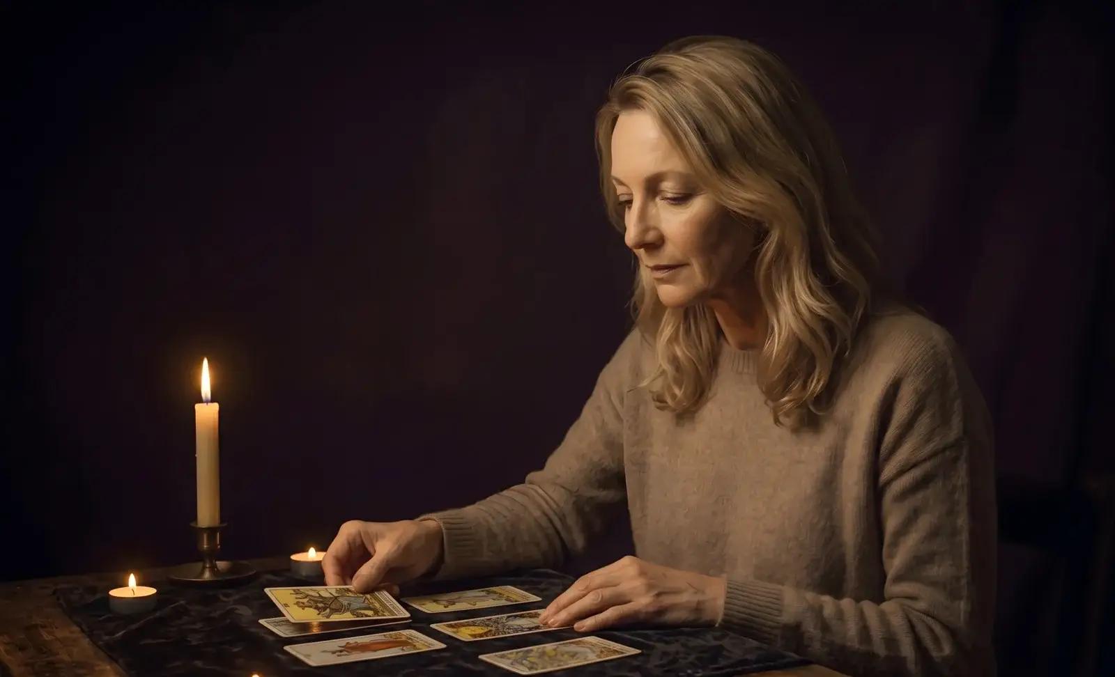 Illustrative scene — Vesper laying out a tarot spread